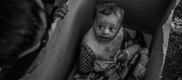 A baby sits in a cardboard box in the Idomeni camp on the Greek-Macedonian border - Sputnik International