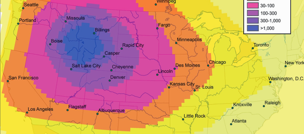 Image detailing thickness of projected ash fallout in millimeters in the event of a large-scale eruption of the Yellowstone Supervolcano. Image detailing thickness of projected ash fallout in millimeters in the event of a large-scale eruption of the Yellowstone Supervolcano. - Sputnik International