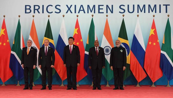 September 4, 2017. Russian President Vladimir Putin poses for a group photograph of the BRICS leaders. From right: Indian Prime Minister Narendra Modi, South African President Jacob Zuma and Chinese President Xi Jinping. Left: Brazilian President Michel Temer - Sputnik International