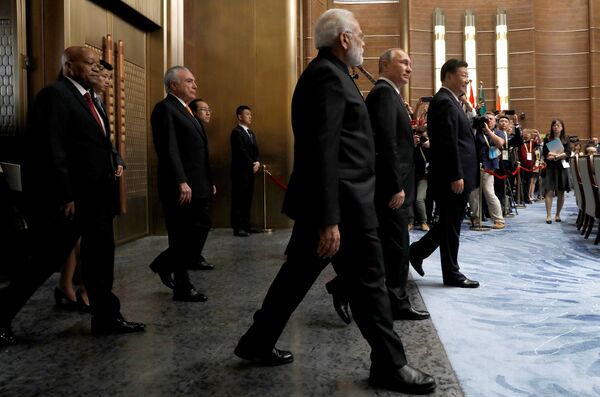 South African President Jacob Zuma, Brazilian President Michel Temer, Indian Prime Minister Narendra Modi, Russian President Vladimir Putin and Chinese President Xi Jinping (L-R) attend a plenary session of BRICS (Brazil, Russia, India, China and South Africa) Summit, in Xiamen, China September 4, 2017 South African President Jacob Zuma, Brazilian President Michel Temer, Indian Prime Minister Narendra Modi, Russian President Vladimir Putin and Chinese President Xi Jinping (L-R) attend a plenary session of BRICS (Brazil, Russia, India, China and South Africa) Summit, in Xiamen, China September 4, 2017 - Sputnik International