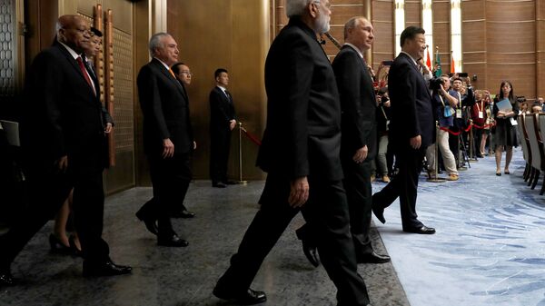 South African President Jacob Zuma, Brazilian President Michel Temer, Indian Prime Minister Narendra Modi, Russian President Vladimir Putin and Chinese President Xi Jinping (L-R) attend a plenary session of BRICS (Brazil, Russia, India, China and South Africa) Summit, in Xiamen, China September 4, 2017 - Sputnik International