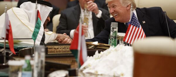 US President Donald Trump shakes hands with Abu Dhabi's Crown Prince Mohammed bin Zayed Al Nahyan during a meeting with leaders at the Gulf Cooperation Council Summit, at the King Abdulaziz Conference Center, Sunday, May 21, 2017, in Riyadh, Saudi Arabia. US President Donald Trump shakes hands with Abu Dhabi's Crown Prince Mohammed bin Zayed Al Nahyan during a meeting with leaders at the Gulf Cooperation Council Summit, at the King Abdulaziz Conference Center, Sunday, May 21, 2017, in Riyadh, Saudi Arabia. - Sputnik International