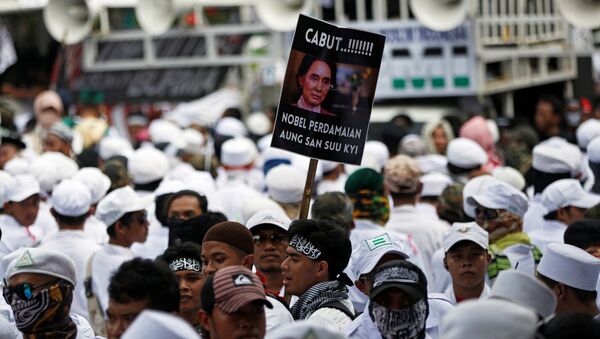 A man carries a placard during a protest led by Islamist groups near the Myanmar embassy protesting against the treatment of Rohingya Muslims, in Jakarta, Indonesia September 6, 2017. The placard reads Revoke Aung San Suu Kyi's Nobel Peace Prize! - Sputnik International