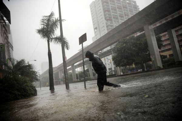 A local resident walks across a flooded street in downtown Miami as Hurricane Irma arrives at south Florida, U.S. September 10, 2017 A local resident walks across a flooded street in downtown Miami as Hurricane Irma arrives at south Florida, U.S. September 10, 2017 - Sputnik International
