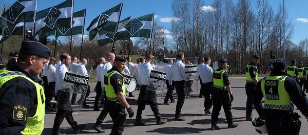 Nordic resistance movement NMR marscherar i Falun, Sweden Nordic resistance movement NMR marscherar i Falun, Sweden - Sputnik International