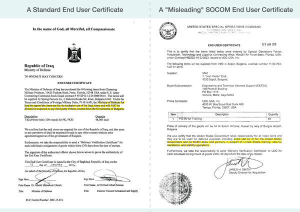 The Iraqi end user certificate on the left clearly states the ammunition’s final destination. The SOCOM document on the right leaves the end user open and has been described as misleading by an Amnesty International expert The Iraqi end user certificate on the left clearly states the ammunition’s final destination. The SOCOM document on the right leaves the end user open and has been described as misleading by an Amnesty International expert - Sputnik International