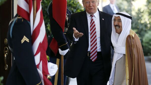 In this Thursday, Sept. 7, 2017 file photo, President Donald Trump, center, gestures as he greets the Amir of Kuwait Sheikh Sabah Al Ahmad Al Sabah as he arrives at the White House in Washington. Kuwait says it will expel North Korea's ambassador and four other diplomats from its embassy in Kuwait City. - Sputnik International