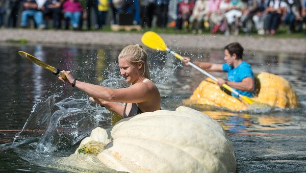 Participants paddle in hollowed out giant pumpkins during the traditional pumpkin paddling in Fambach near Schmalkalden, central Germany, on September 10, 2017 - Sputnik International