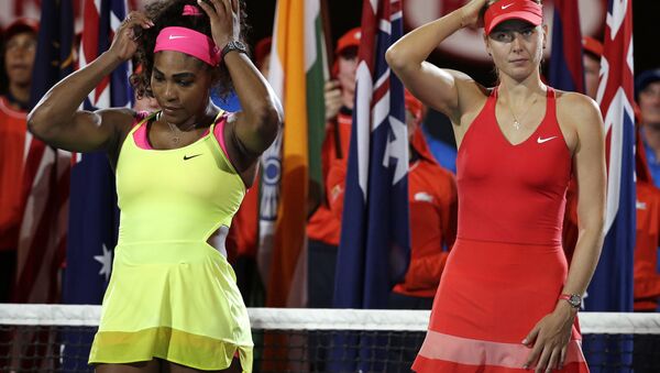 In this Saturday, Jan. 31, 2015 file photo, winner Serena Williams of the US, left, and runner-up Maria Sharapova of Russia, right, wait for the trophy presentation after the women's singles final at the Australian Open tennis championship in Melbourne, Australia. - Sputnik International