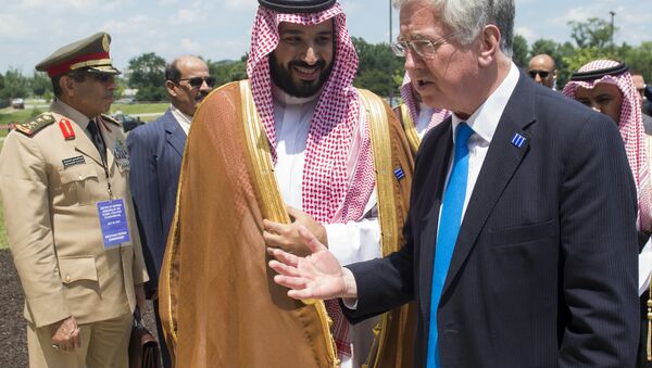 Saudi Minister of Defense Deputy Crown Prince Mohammed bin Salman and British Defense Secretary Michael Fallon speak during a meeting of the Global Coalition to Counter ISIL at Joint Base Andrews in Maryland, July 20, 2016. - Sputnik International