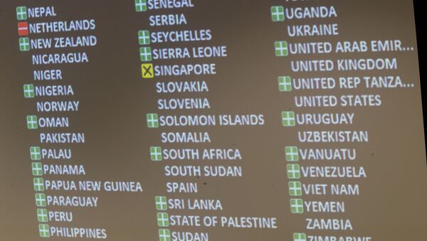A detail of the video board showing the votes in favor, against and the abstention is seen after a vote by the conference to adopt a legally binding instrument to prohibit nuclear weapons, leading towards their total elimination, Friday, July 7, 2017 at United Nations headquarters. - Sputnik International