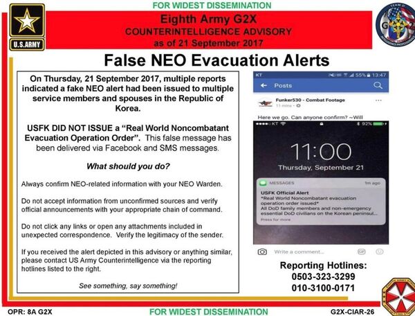 Message posted by Eighth Army warns personnel against false evacuation orders - Sputnik International