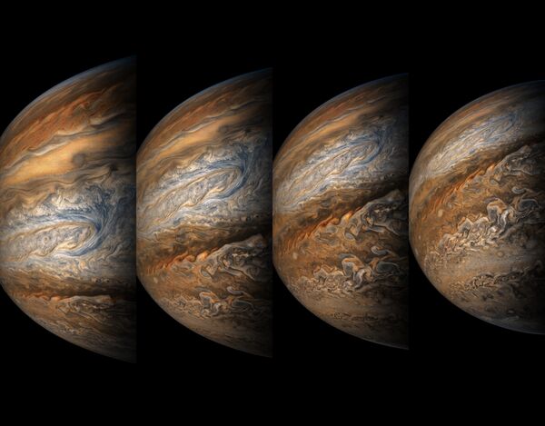 This series of enhanced-color images shows Jupiter up close and personal, as NASA’s Juno spacecraft performed its eighth flyby of the gas giant planet. The images were obtained by JunoCam. - Sputnik International