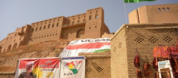 Banners calling for voting in a referendum on Iraqi Kurdistan independence from Baghdad in Erbil - Sputnik International