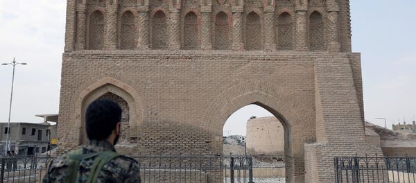 A fighter from Syrian Democratic Forces (SDF) stands near the Baghdad gate in Raqqa, Syria September 16, 2017. - Sputnik International