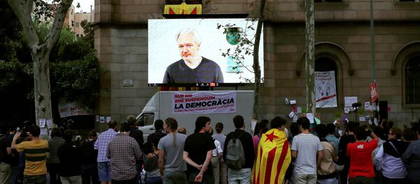 WikiLeaks founder Julian Assange is seen on a screen during a live video conference for a colloquium with students and citizens as they protest in favour of the banned October 1 independence referendum, outside the University of Barcelona, in Barcelona, Spain, September 26, 2017 WikiLeaks founder Julian Assange is seen on a screen during a live video conference for a colloquium with students and citizens as they protest in favour of the banned October 1 independence referendum, outside the University of Barcelona, in Barcelona, Spain, September 26, 2017 - Sputnik International