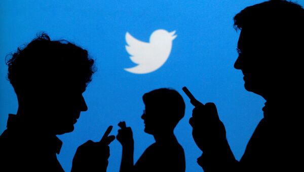 People holding mobile phones are silhouetted against a backdrop projected with the Twitter logo. (File) - Sputnik International