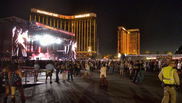 The grounds are shown at the Route 91 Harvest festival, with the Mandalay Bay Hotel behind the stage, on Las Vegas Boulevard South in Las Vegas, Nevada, U.S. September 30, 2017 - Sputnik International
