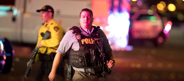 Law enforcement officers are shown on Las Vegas Boulevard South on October 2, 2017, after a mass shooting during a music festival in Las Vegas, Nevada, U.S. - Sputnik International