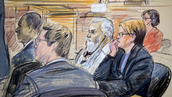 This courtroom sketch shows Ahmed Abu Khattala, third from right, listening to an interpreter through earphones during the opening statement by his defense attorney Jeffery Robinson in federal court in Washington Monday, Oct. 2, 2017. Khattala, the suspected mastermind of the 2012 attacks on a diplomatic compound in Benghazi, Libya, that killed four Americans, is on trial. Also depicted are members of the defense team Cole Lutermilch, left, and Michelle Peterson, second from right. - Sputnik International