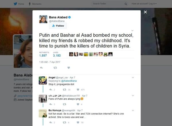 Another tweet by Bana encouraging Western intervention against Syria and Russia - Sputnik International