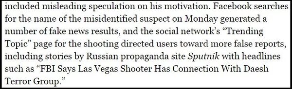 An excerpt from the Forbes article Facebook And Google Still Have A 'Fake News' Problem, Las Vegas Shooting Reveals by Kathleen Chaykowski , which erroneously accuses Sputnik of false reporting An excerpt from the Forbes article Facebook And Google Still Have A 'Fake News' Problem, Las Vegas Shooting Reveals by Kathleen Chaykowski , which erroneously accuses Sputnik of false reporting - Sputnik International