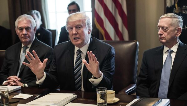 US President Donald Trump speaks to the press with Secretary of State Rex Tillerson (L) and Defense Secretary James Mattis (R) as he meets with his Cabinet in the Cabinet Room at the White House in Washington, DC - Sputnik International