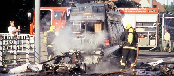 Firefighters work at the site where a car bomb exploded outside a hotel in central Helsinki earlier in the day, killing one person, the occupant of the car, and seriously hurting another man, according to the police (File) Firefighters work at the site where a car bomb exploded outside a hotel in central Helsinki earlier in the day, killing one person, the occupant of the car, and seriously hurting another man, according to the police (File) - Sputnik International
