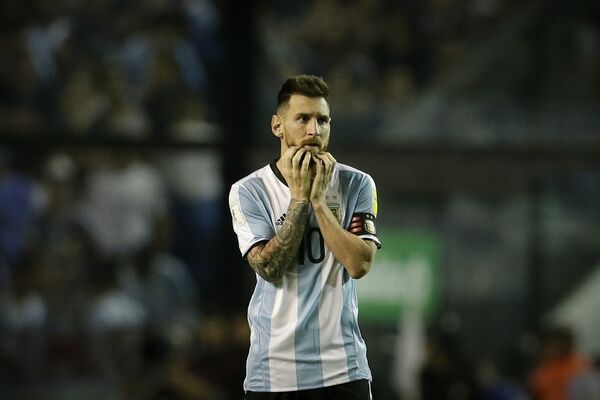 Argentina's Lionel Messi reacts during a World Cup qualifying soccer match against Peru at La Bombonera stadium in Buenos Aires, Argentina, Thursday, Oct. 5, 2017. Argentina's Lionel Messi reacts during a World Cup qualifying soccer match against Peru at La Bombonera stadium in Buenos Aires, Argentina, Thursday, Oct. 5, 2017. - Sputnik International
