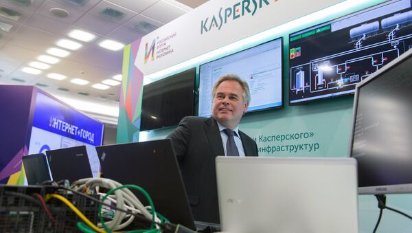 December 22, 2015. Head of Kaspersky Lab Yevgeny Kaspersky near the Lab's stand during the exhibition of Russia's first Internet Economy Forum - Sputnik International