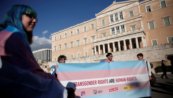 Protesters take part in a demonstration as the Greek Parliament debates bill allowing people to choose legal gender, in Athens, Greece, October 9, 2017. - Sputnik International