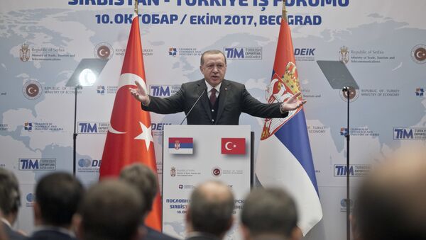 Turkish president, Recep Tayyip Erdogan, center, speaks at a Serbian-Turkish business forum in Belgrade, Serbia, Tuesday, Oct. 10, 2017. Erdogan is on a two day official visit to Serbia - Sputnik International