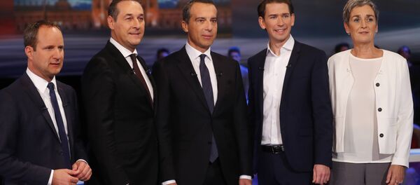 NEOS party top candidate Matthias Strolz, Freedom Party (FPOe) top candidate Heinz-Christian Strache, Social Democrats (SPOe) top candidate Christian Kern, People's Party (OeVP) top candidate Sebastian Kurz and Green party top candidate Ulrike Lunacek (L-R) prepare for a TV discussion in Vienna, Austria, October 12, 2017. NEOS party top candidate Matthias Strolz, Freedom Party (FPOe) top candidate Heinz-Christian Strache, Social Democrats (SPOe) top candidate Christian Kern, People's Party (OeVP) top candidate Sebastian Kurz and Green party top candidate Ulrike Lunacek (L-R) prepare for a TV discussion in Vienna, Austria, October 12, 2017. - Sputnik International