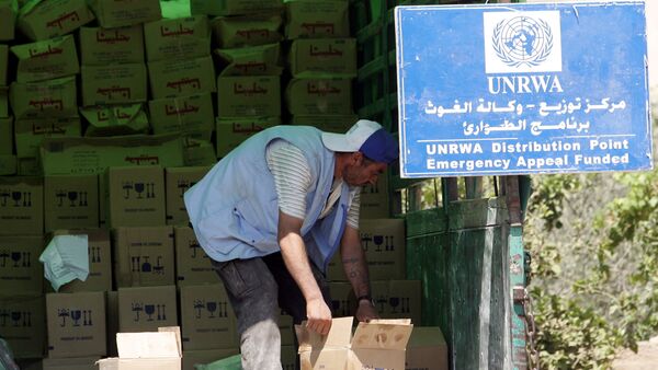 A Palestinian worker unloads boxes as provisions are by the United Nations Relief and Works Agency for Palestine Refugees in the Near East (UNRWA). (File) - Sputnik International