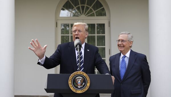 President Donald Trump answers questions with Senate Majority Leader Mitch McConnell, R-Ky., in the Rose Garden after their meeting at the White House, Monday, Oct. 16, 2017, in Washington. - Sputnik International