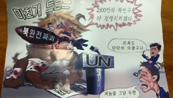 An anti-Trump leaflet believed to come from North Korea by balloon is pictured in this undated handout photo released by NK News on October 16, 2017. The texts in Korean read Mad dog Trump (top), 'Will kill 25,000,000 people in North Korea (top R), the text on the bomb reads Destroy North Korea completely, the two comments at right read: He is crazy and The war will break out if we leave him (bottom). - Sputnik International
