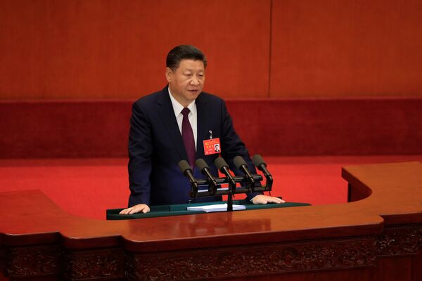 China's President Xi Jinping speaks during the opening session of the 19th National Congress of the Communist Party of China at the Great Hall of the People in Beijing, China October 18, 2017, China's President Xi Jinping speaks during the opening session of the 19th National Congress of the Communist Party of China at the Great Hall of the People in Beijing, China October 18, 2017, - Sputnik International