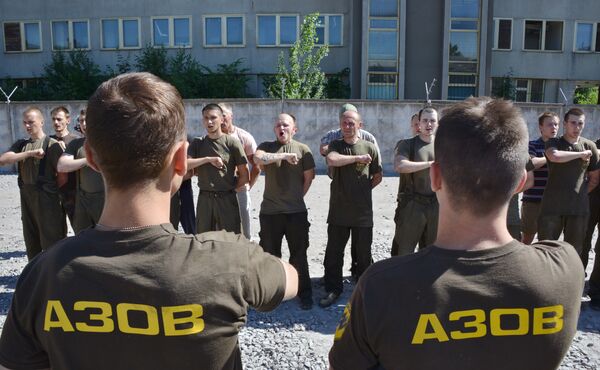 Recruits of the Ukrainian Azov regiment line-up after their final tests at a base in Kiev. (File) Recruits of the Ukrainian Azov regiment line-up after their final tests at a base in Kiev. (File) - Sputnik International