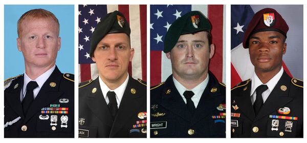A combination photo of U.S. Army Special Forces Sergeant Jeremiah Johnson (L to R), U.S. Special Forces Sgt. Bryan Black, US Special Forces Sgt. Dustin Wright and US Special Forces Sgt. La David Johnson killed in Niger, West Africa on October 4, 2017, in these handout photos released October 18, 2017. A combination photo of U.S. Army Special Forces Sergeant Jeremiah Johnson (L to R), U.S. Special Forces Sgt. Bryan Black, US Special Forces Sgt. Dustin Wright and US Special Forces Sgt. La David Johnson killed in Niger, West Africa on October 4, 2017, in these handout photos released October 18, 2017. - Sputnik International