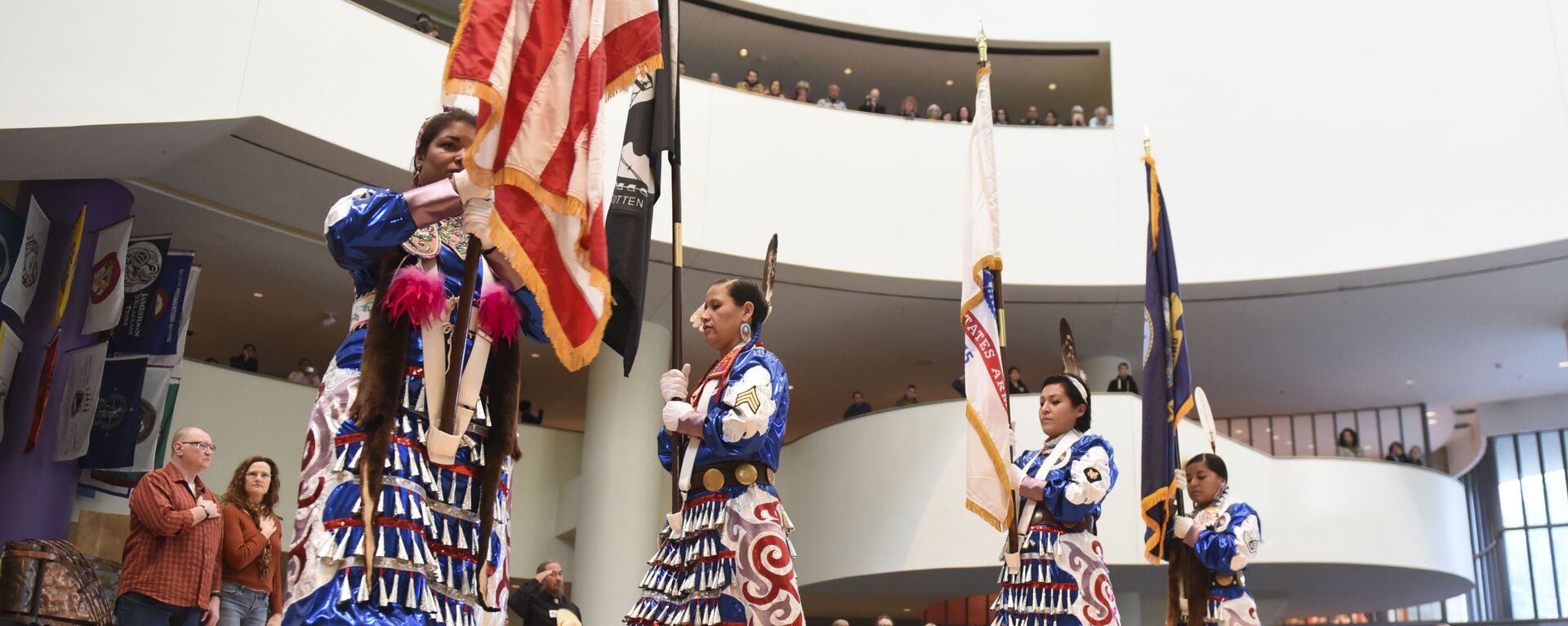 Native American Women Warriors, from left, Takara Matthews (Sokoki Abenaki/Lumbee) Jamie Awonohopay (Menominee), Elizabeth Haas (Northern Arapaho Tribe), Antonia Thomas (Navajo), all veterans of the U.S. Armed Forces, take part in the Presentation of the Colors during a Veterans Day celebration at Smithsonian's National Museum of the American Indian on Friday, Nov. 11, 2016 in Washington - Sputnik International, 1920, 09.08.2022