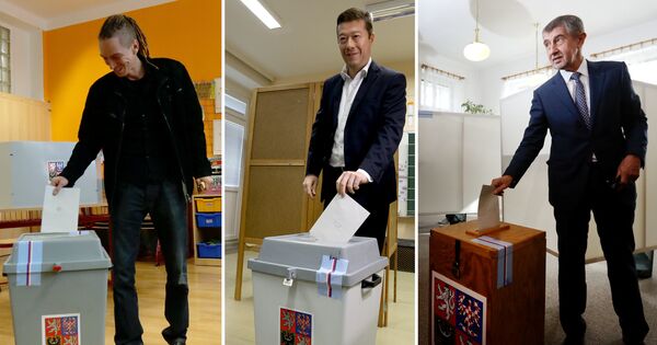 A combination photo shows the leaders of Czech Pirate Party Ivan Bartos, the Freedom and Direct Democracy (SPD) party Tomio Okamura and the ANO party Andrej Babis (L-R) casting their votes in parliamentary elections in Prague, Czech Republic October 20, 2017 A combination photo shows the leaders of Czech Pirate Party Ivan Bartos, the Freedom and Direct Democracy (SPD) party Tomio Okamura and the ANO party Andrej Babis (L-R) casting their votes in parliamentary elections in Prague, Czech Republic October 20, 2017 - Sputnik International