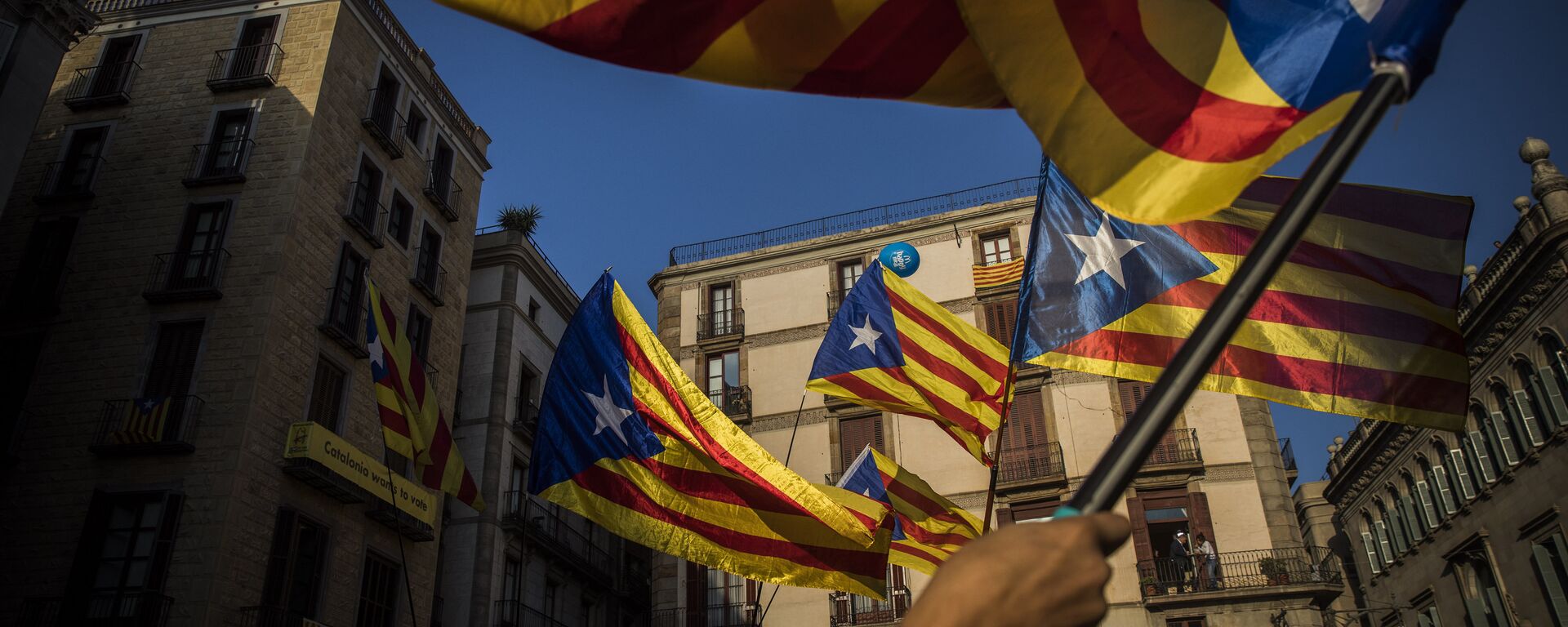 People wave independence flags just after the speech of Catalan regional president Carles Puigdemont in Barcelona, Spain, Thursday, Oct. 26, 2017.  - Sputnik International, 1920, 07.10.2022