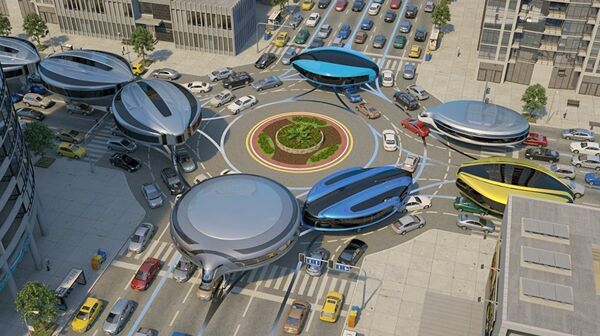 Gyrotrains, envisioned by Russian engineer Dahir Semyonov, at a busy intersection. - Sputnik International