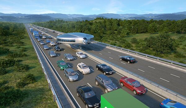 A gyrotrain, envisioned by Russian engineer Dahir Semyonov, riding high above a busy highway. - Sputnik International