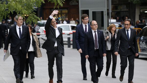 Fired Catalan Cabinet members arrive at the national court in Madrid, Spain, Thursday, Nov. 2, 2017. From left to right are, Joaquim Forn, Dolors Bassa i Coll, Raul Romeva, Carles Mundo, Jordi Turull, Meritxell Borras and Josep Rull. - Sputnik International