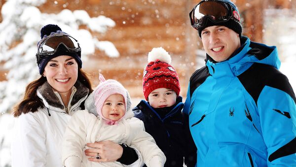 Britain's Prince William, right, and Duchess of Cambridge with their children, Princess Charlotte, center left, and Prince George, enjoy a short private break skiing in the French Alps, Thursday March 3, 2016. - Sputnik International