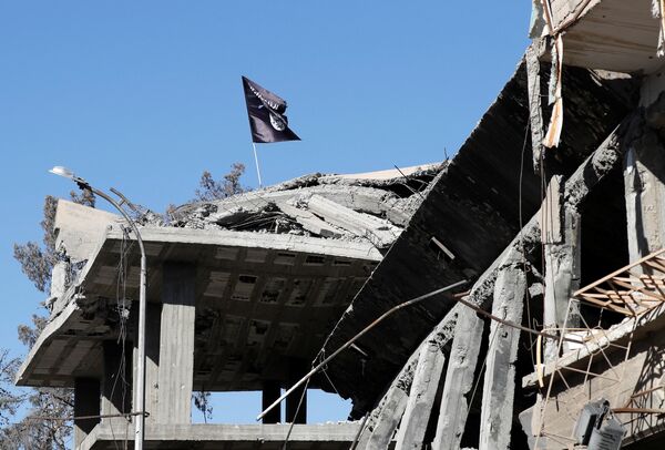 A flag of Islamic State militants is pictured above a destroyed house near the Clock Square in Raqqa, Syria October 18, 2017 - Sputnik International