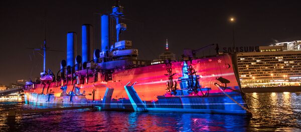 General rehearsal of the Festival of Lights, devoted to the October 1917 Revolution, by Cruiser Aurora in St. Petersburg General rehearsal of the Festival of Lights, devoted to the October 1917 Revolution, by Cruiser Aurora in St. Petersburg - Sputnik International