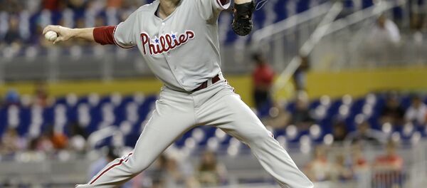 Philadelphia Phillies' Roy Halladay pitches against the Miami Marlins in the first inning of a baseball game, Monday, Sept. 23, 2013, in Miami. Philadelphia Phillies' Roy Halladay pitches against the Miami Marlins in the first inning of a baseball game, Monday, Sept. 23, 2013, in Miami. - Sputnik International