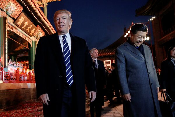 US President Donald Trump and China's President Xi Jinping leave after an opera performance at the Forbidden City in Beijing, China, November 8, 2017. US President Donald Trump and China's President Xi Jinping leave after an opera performance at the Forbidden City in Beijing, China, November 8, 2017. - Sputnik International